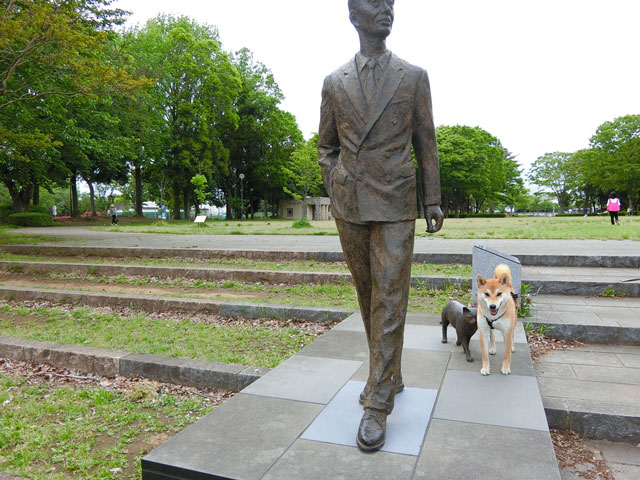 銅像と柴犬2